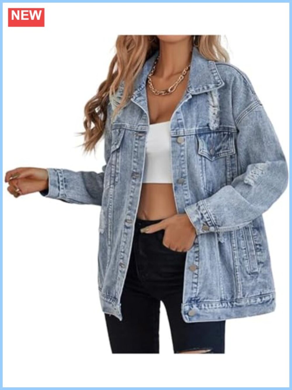 Oversized Distressed Denim Jacket with Pockets Women Cotton Blend Long Sleeve
